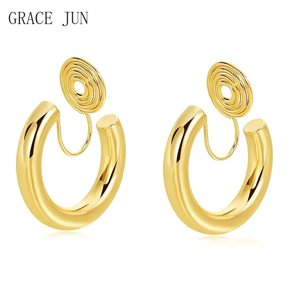 GRACE JUN Korea Style Geometric Clip on Earrings Fashion C Shape Mosquito Coil Ear Clip Statement Cuff Earrings Jewelry Gift New