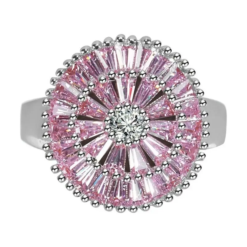 CiNily Firework Pink & Purple CZ Crystal Filled Rings Silver Plated String Of Beads Round Finger Ring Luxury Large Party Jewelry