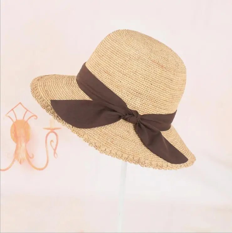 Chapeau en raphia fait à la main avec nœud papillon pour femme, chapeau de paille avec ruban noir et café, cool, beaux chapeaux pour le soleil, printemps et été 2025