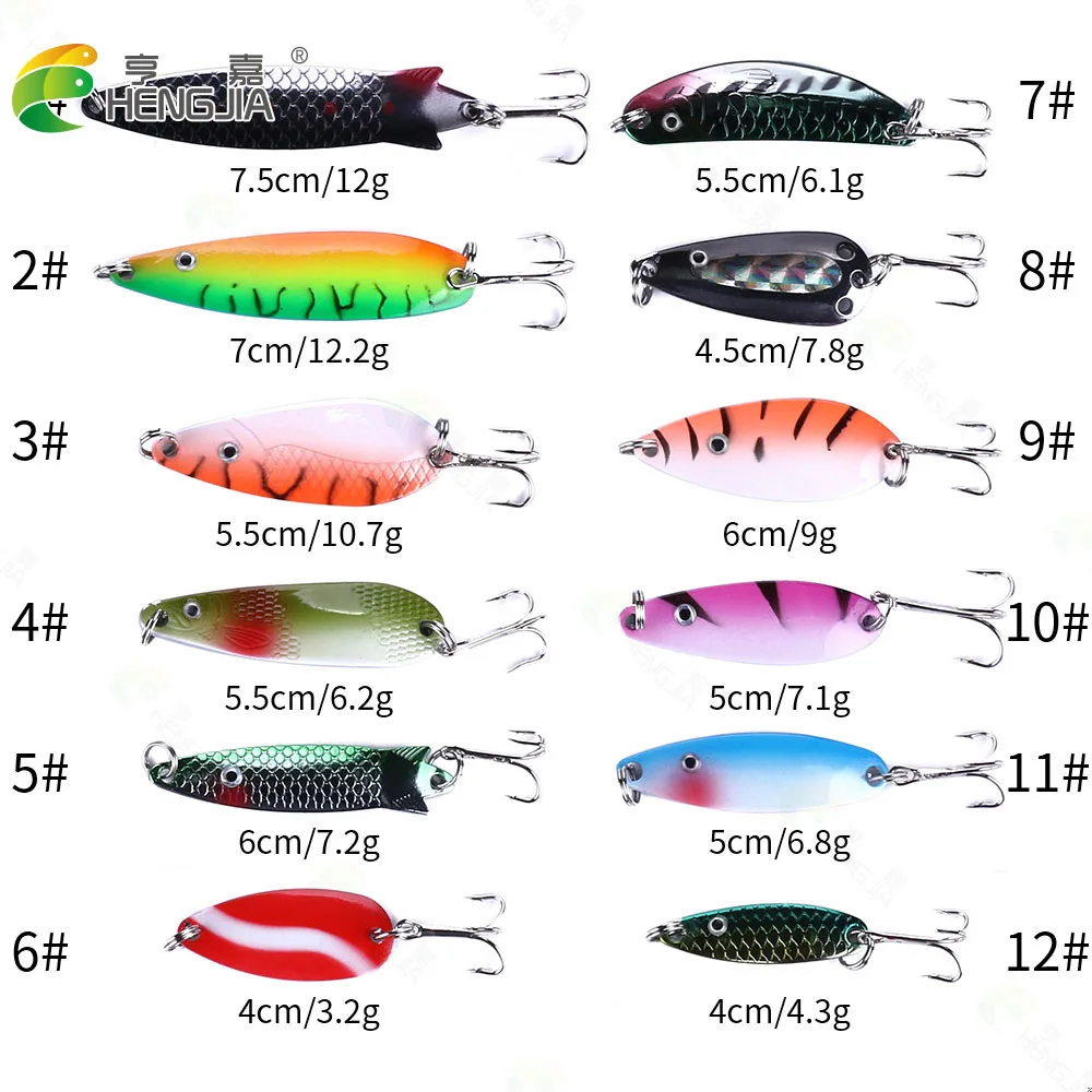 Hengjia 12pcs Metal Spinner Spoon Fishing Lure Hard Baits Colorful Sequins Noise Paillette Treble Hook Fishing Tackle 3.2g-12g