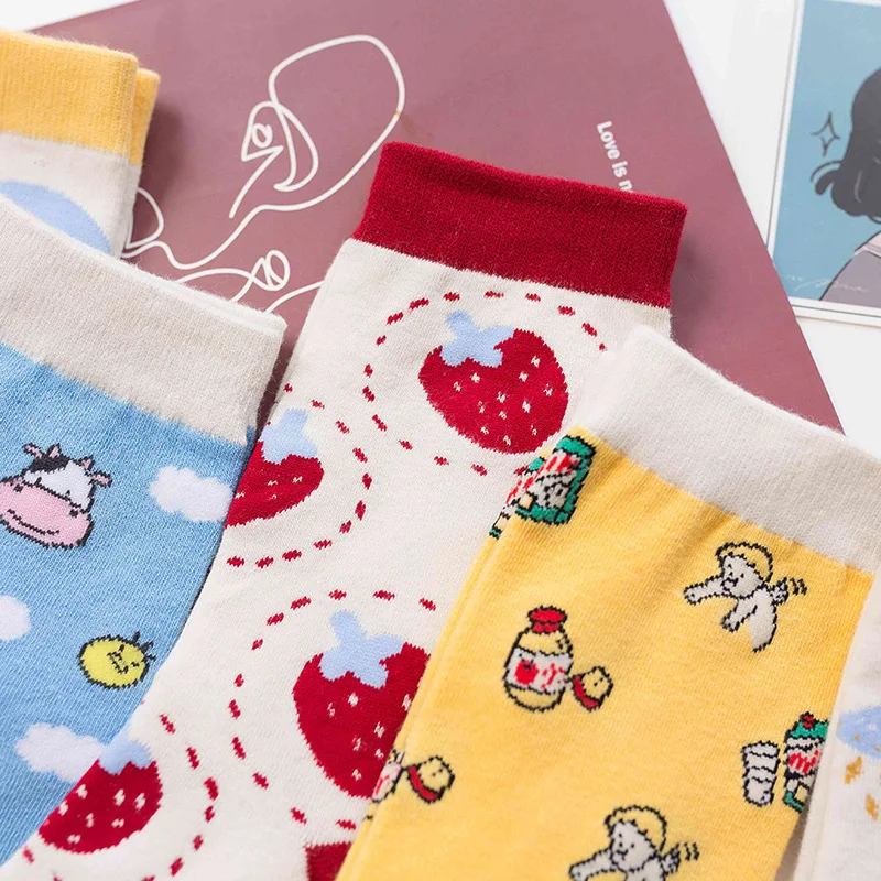 Cute Cartoon Fruit Print Kawaii Socks Women Korean Harajuku Cow Strawberry Funny Socks Pure Cotton Midi-Tube Short Sock Meias