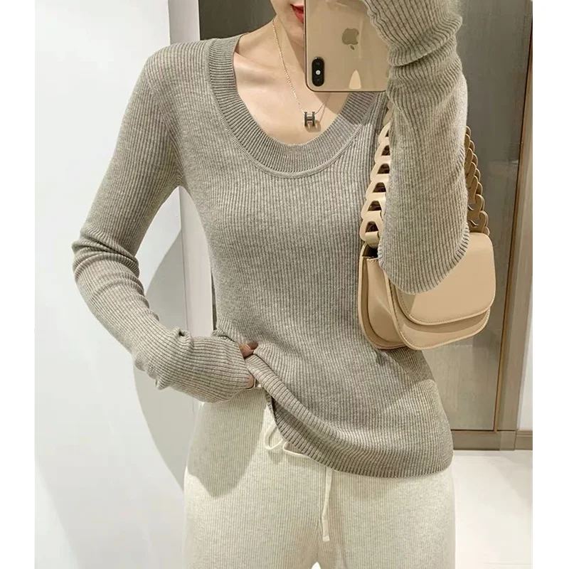 U collar slim body wool knit bottom sweater women autumn and winter thin pullover versatile solid color long sleeve sweater