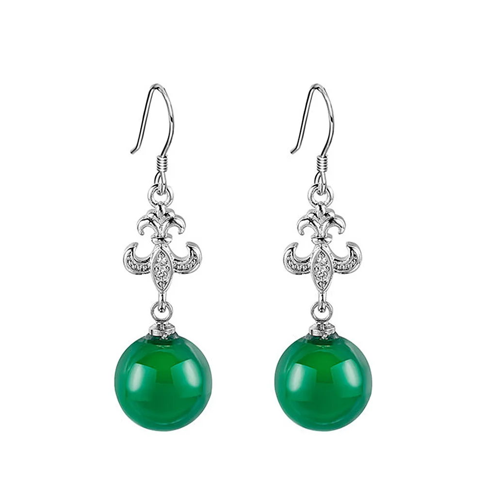 Vintage fashion green jade emerald gemstones diamonds long drop earrings for women mother white gold silver color jewelry gifts