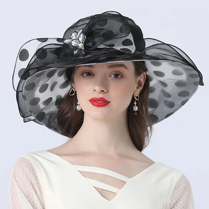 Women Summer Hat Black Dot Pattern Ruffle wide Brim Ladies Organza Hat Packable Sun Beach Hat Wedding Party Race Derby Dress Hat