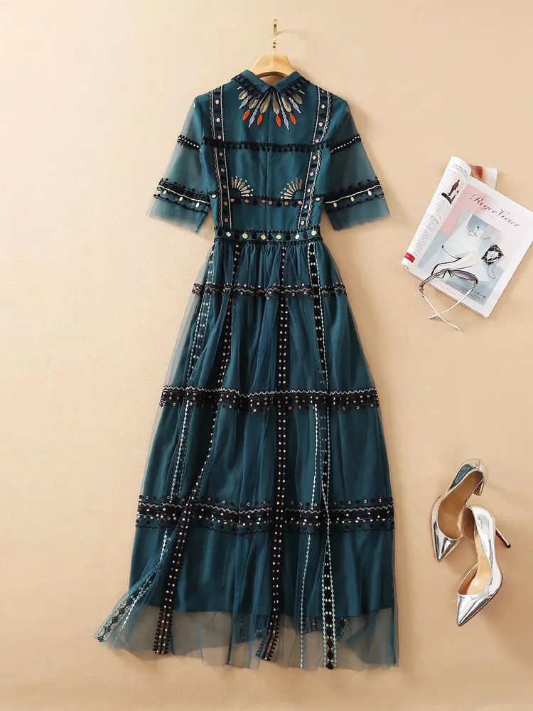 ZJYT Runway Fashion Summer Luxury Embroidery Mesh Dress Women Elegant Short Sleeve Ethnic Vintage Long Maxi Party Vestidos Lady