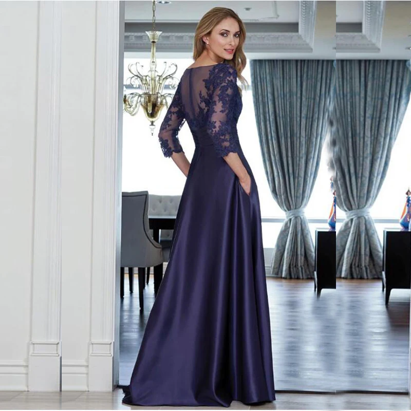 2022 Charmant Navy Blue Lace Jewel Avondjurken Drie Kwart Mouwen Lange Satin Prom Party Gown Robe De Soiree