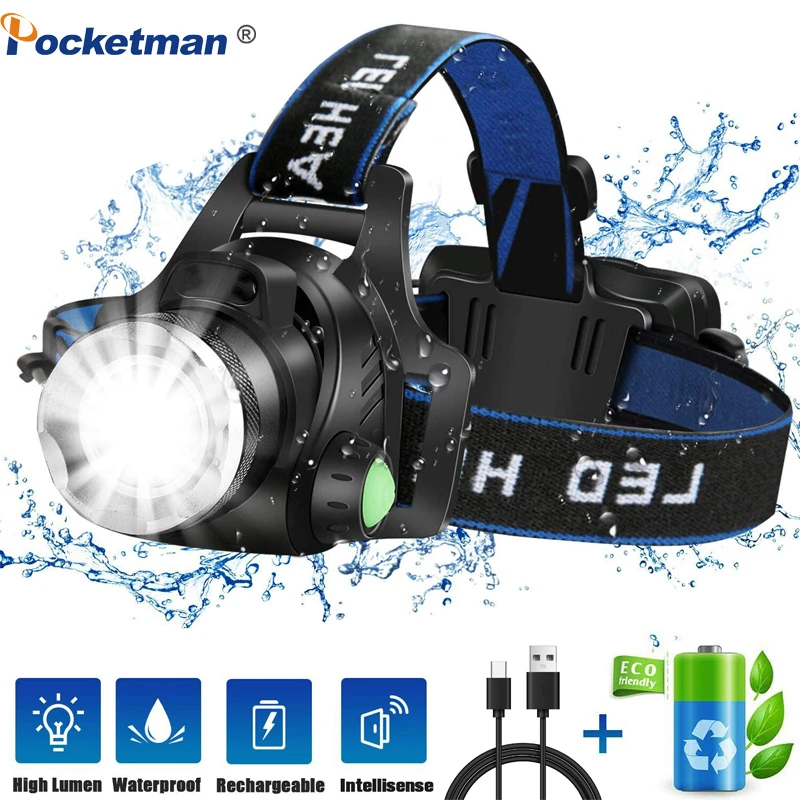 Pocketman-linterna frontal LED mejorada, foco frontal con zoom, resistente al agua, con carga USB DC, 18650