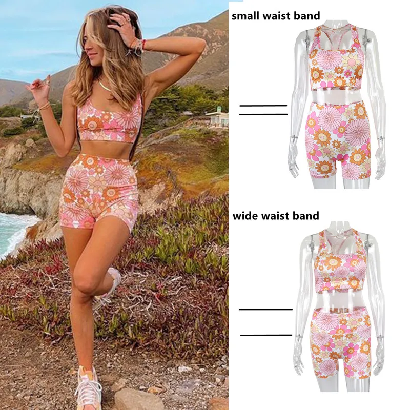 Vamos Todos 2021 Floral Print Outfits For Women Beach Outfit Two Piece Set Tracksuits Sport GYM Yoga Leggings Short Summer Pants