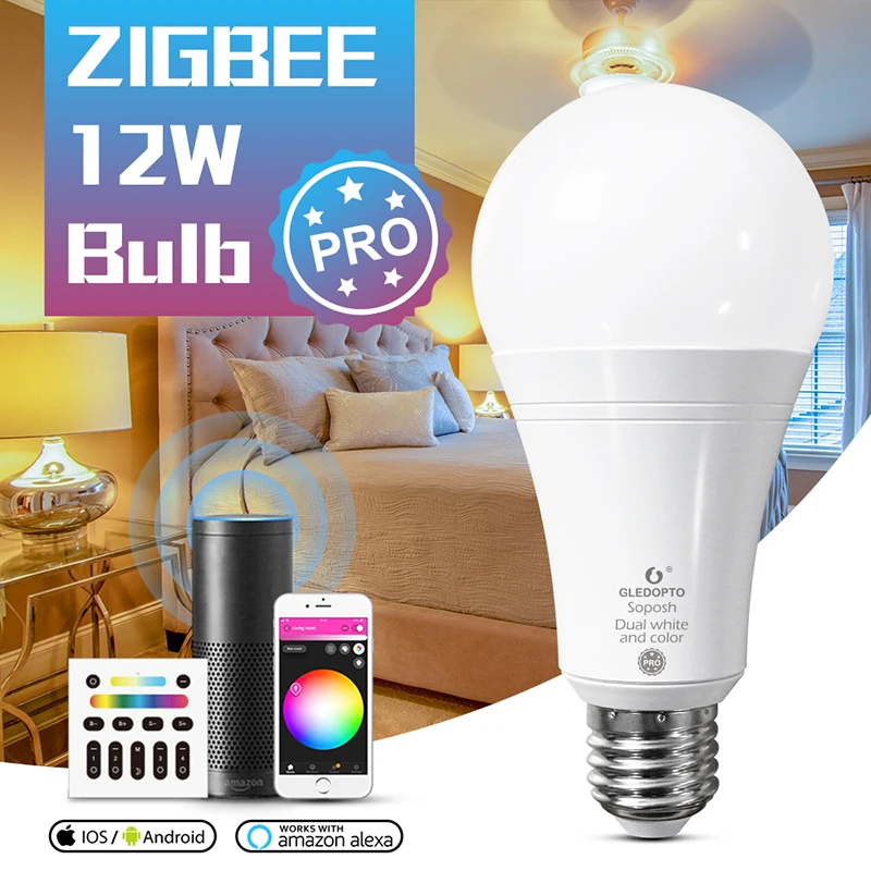 GLEDOPTO ZigBee 3.0 LED Smart Bulb Pro 12W RGBCCT Light Work With Google Echo Plus Alexa SmartThings APP/Voice/RF Remote Control