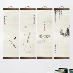 chinese style Idiom allusion plants canvas decorative painting Store bedroom living room wall art solid wood scroll paintings