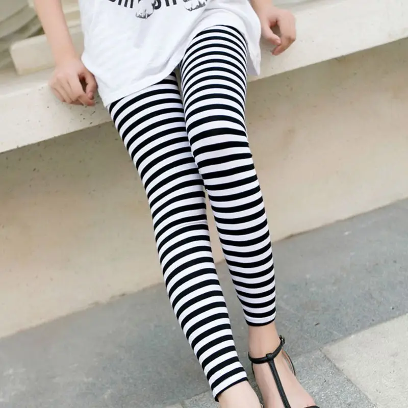 Women Ankle Length Skinny Leggings Black White Horizontal Striped Pants High Quality and Brand New