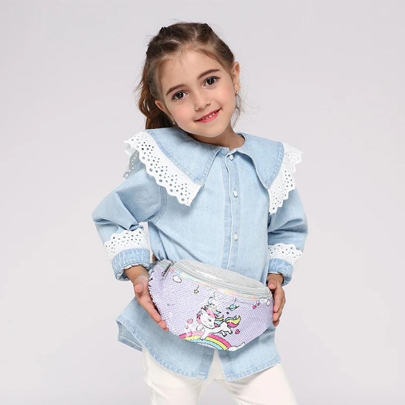 Hot Sale Cartoon Unicorn Sequin Girls Waist Bag Kids Fanny Pack Children Sequins Printing Chest Bag Outdoor Travel Pouch