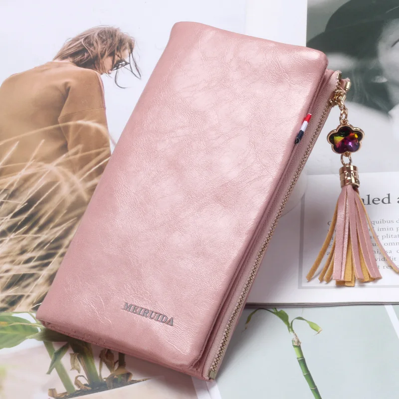 New Fashion Retro Long Buckle Ladies Wallet Coin Purse Pu Multi-card Card Bag Tassel Pendant Luxury Clutch