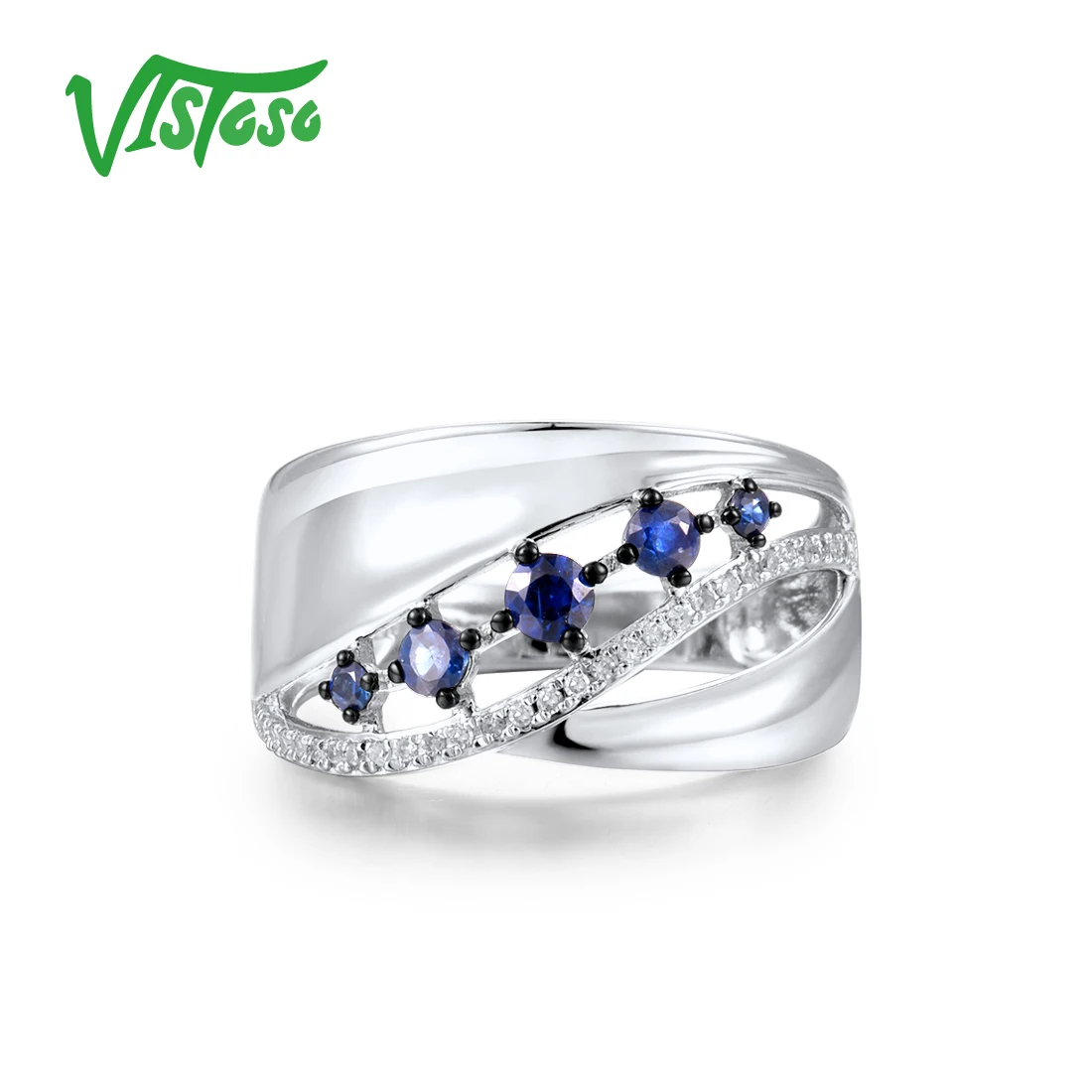 VISTOSO Genuine 14K 585 White Gold Rings For Women Sparkling Blue Sapphire Diamond Wide Band Rings Elegant Trendy Fine Jewelry