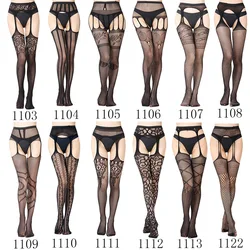 Bas de filet de pêche en dentelle pour femmes, collants sexy, porte-jarretelles, lingerie haut souple, cuisse haute, collants floraux, médias