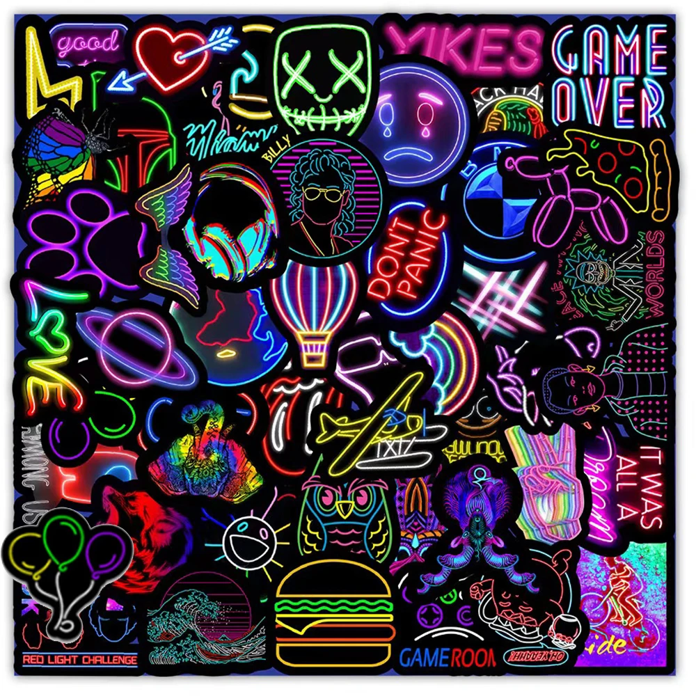 

50PCS Cartoon Neon Light Graffiti Stickers Car Guitar Motorcycle Luggage Suitcase DIY Classic Toy Decal Sticker for Kid