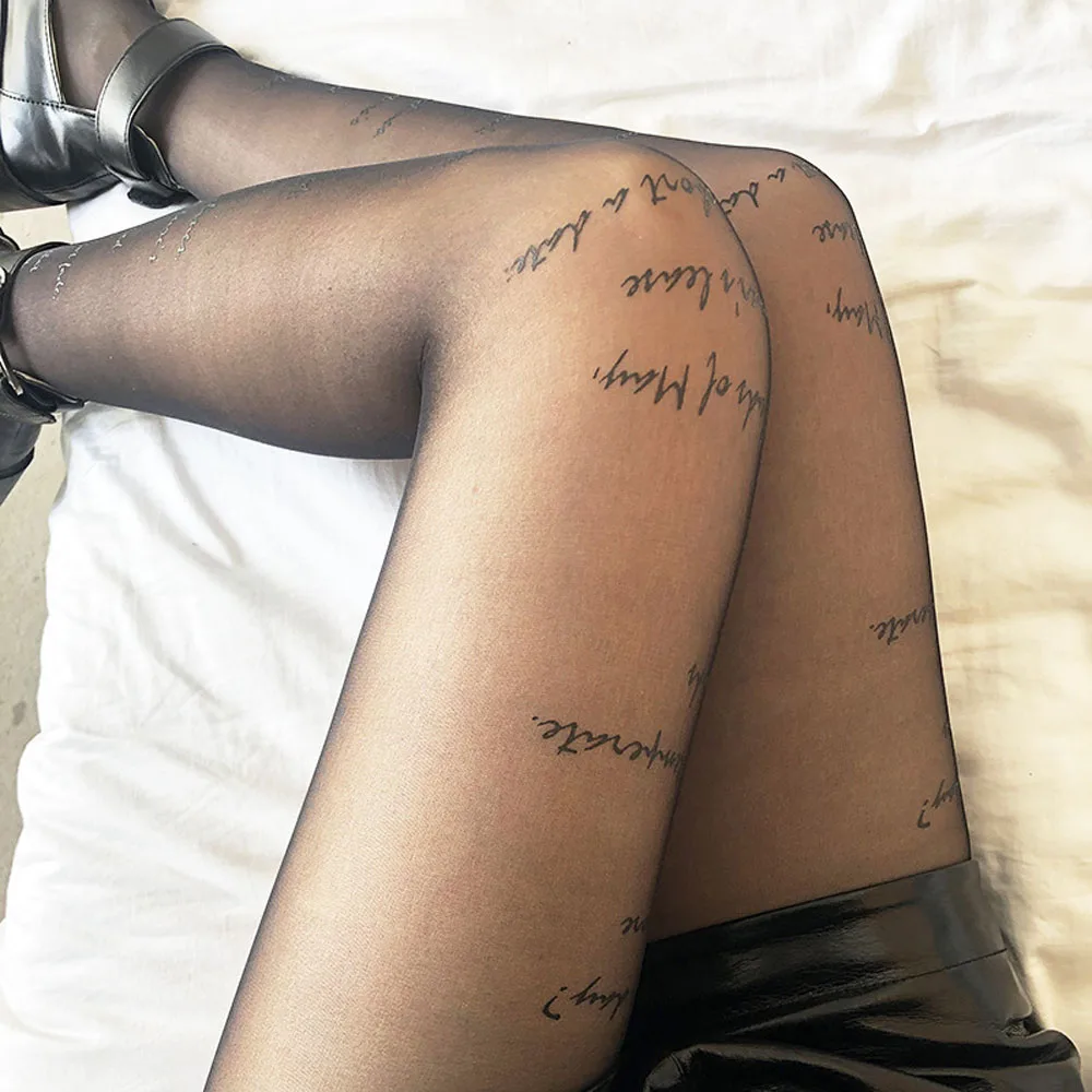 Czarny Nylon przezroczyste rajstopy z literami napisy wzorzyste tatuaże rajstopy kobieta Sexy cienkie rajstopy anty-hak Party prezent