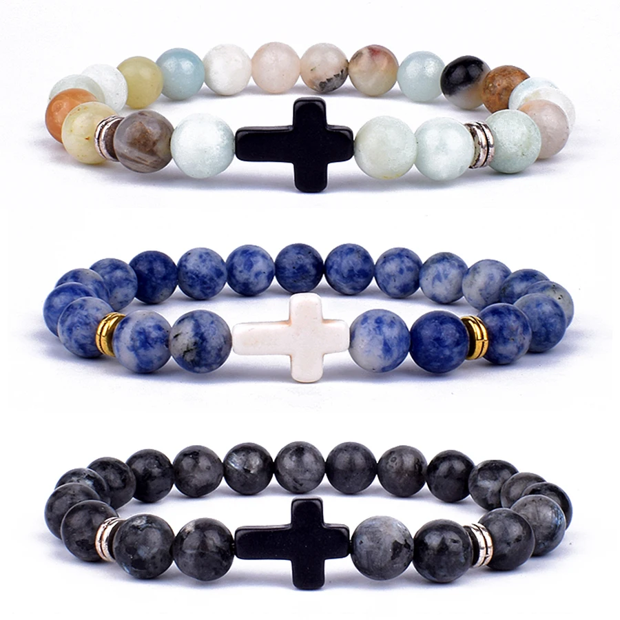 Trendy Jesus Cross Charm Blue Turquoises Men Bracelet Black Lava Stone 8mm White Beads Bracelets Bangles for Women Yoga Jewelry