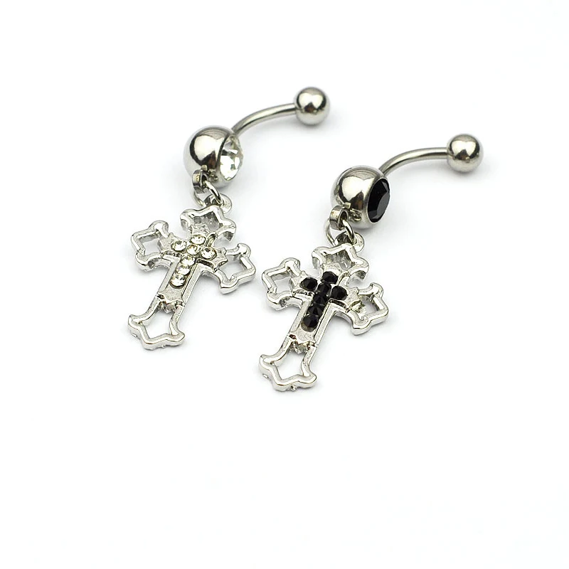 Hollow Cross Dangle Navel Ring 14G 316L Surgical Steel Belly Button Ring Clear Black CZ Punk Piercing Ombligo Oreja Body Jewelry