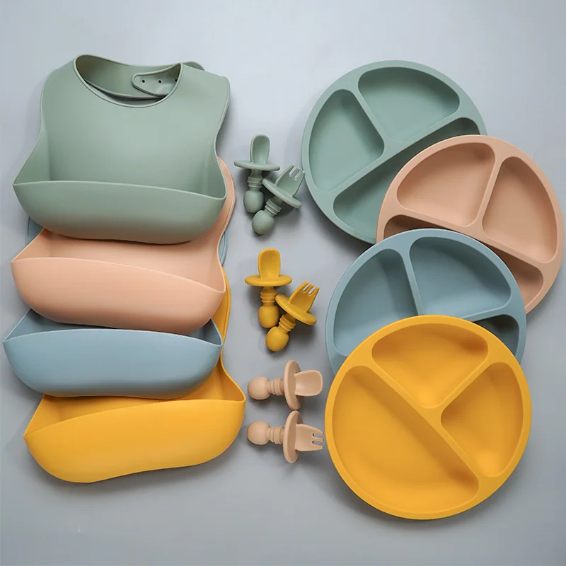 Baby Silicone Tableware Set Infant Solid Color Waterproof Bib Newborn Feeding Burp Cloth Toddler Dinner Plate And Mini Spoon