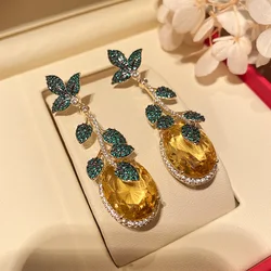Bilincolor Fashion Golden Leaf and Pink Cubic Zircon Vintage Luxury Drop Earring for Women Wedding Jewelry