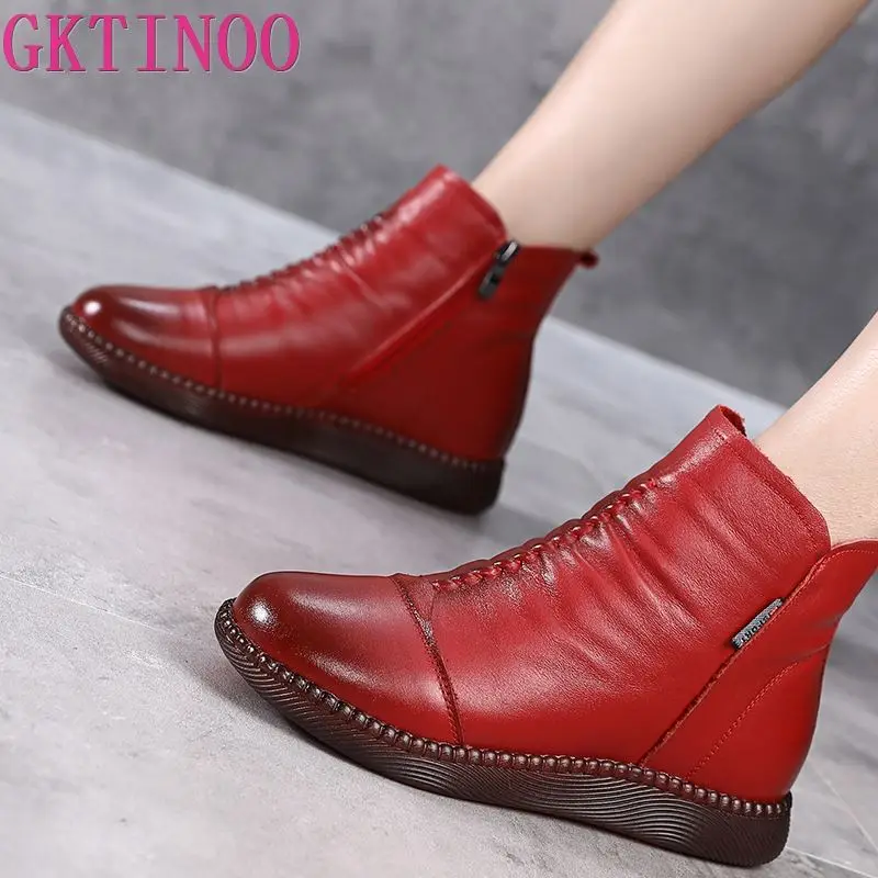 GKTINOO 2024 Winter Genuine Leather Ankle Boots Handmade Lady Soft Flat Shoes Comfortable Casual Moccasins Side Zip Ankle Boots