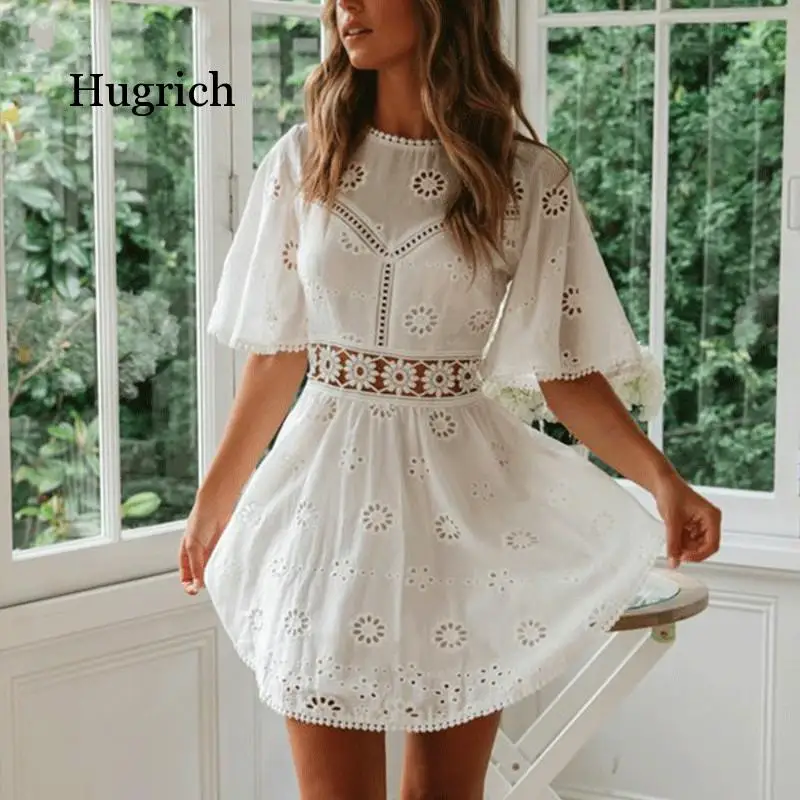 Sexy White Cotton Crochet Hollow Out Dress Women Flare Sleeve Cotton Embroidery Mini Dress 2020 Summer Day Dress