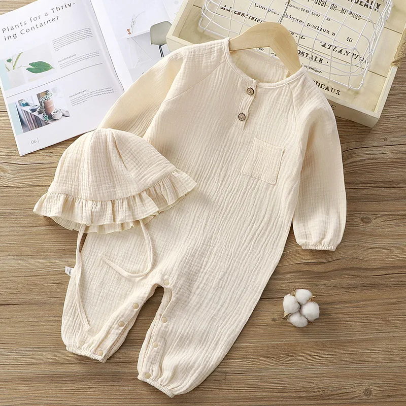 Baby Boys Girls Clothes Newborn Romper + Hats Muslin Cotton Long Sleeved Jumpsuit 0-2 Years