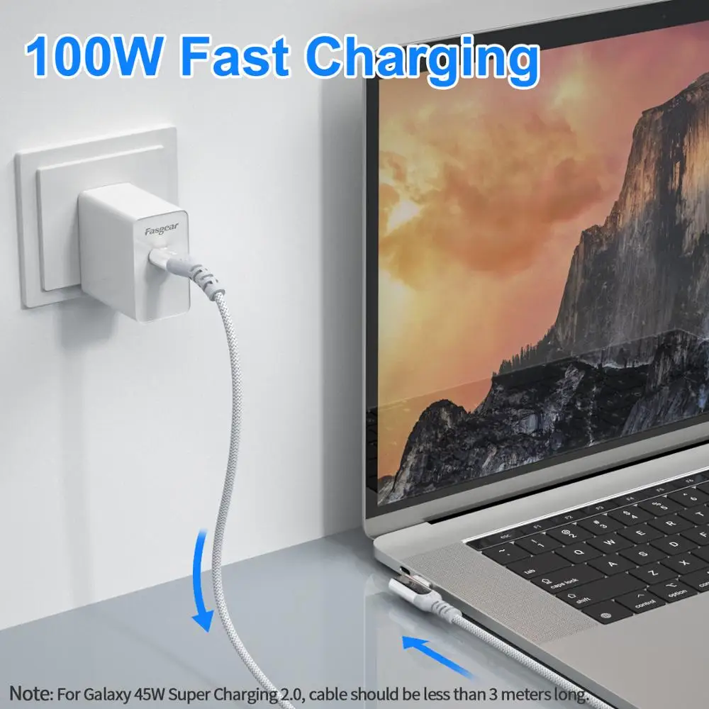 Fasgear 100W Cable USB C 90 grados PD rápido USB tipo C Cable de carga 480Mbps Cable de datos para Xiaomi Samsung Huawei P30 P20 Macbook iPad