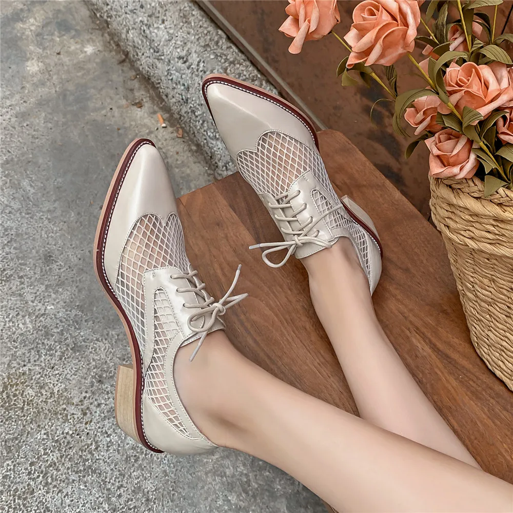 MILI-MIYA Fashion New Comfortable Cross Tie Square Heel Pumps Sexy Pointed Toe Genuine Leather Mesh Hollow Out Daily Life Shoes