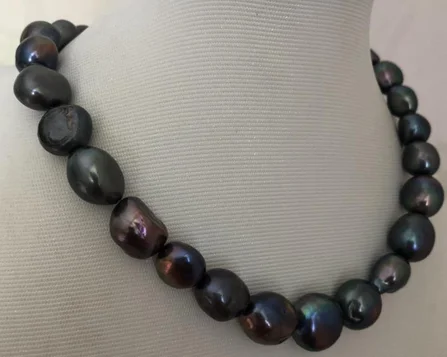 

gorgeous 10-12mm south sea baroque black green pearl necklace 18"