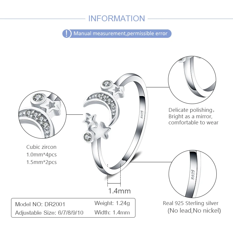 CLUCI Adjustable Women Silver 925 Ring Jewelry SImple Fashion Star and Moon Open Rings DR2001SB