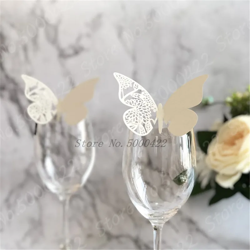 50pcs Butterfly Laser Cut Paper Place Card / Escort Card / Cup Card/ Wine Glass Card For Wedding Party Decoration