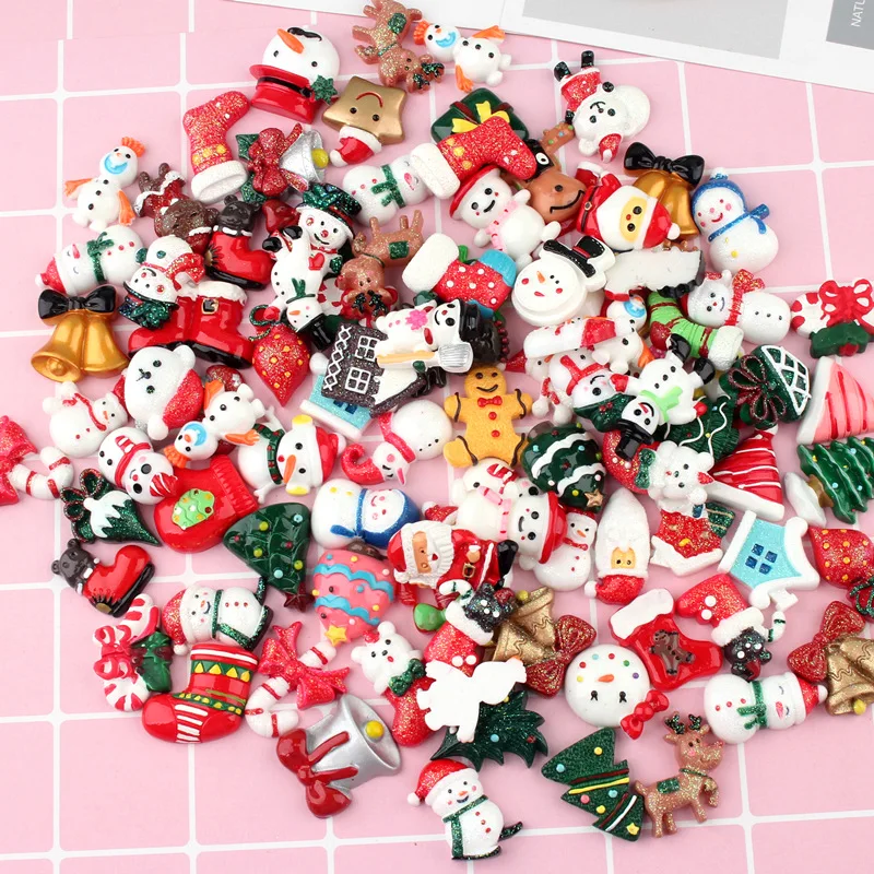 30pcs Mixed Christmas series Resin Color Figurines DIY Craft Christmas Tree Decor Accessories Phone Shell Patch Arts Materials