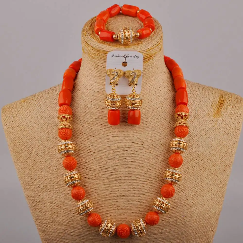 

Classic Nigerian Bride Wedding Jewelry Orange Coral Necklace African Wedding Banquet Dress Accessories Set AU-602