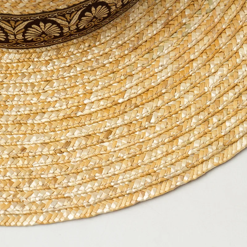 Ethnic Style Ribbon Wide Brim Sun Hat Women Straw Flat Beach Hat Ladies Summer Canotier Vacation Church Kuntucky Derby Hat