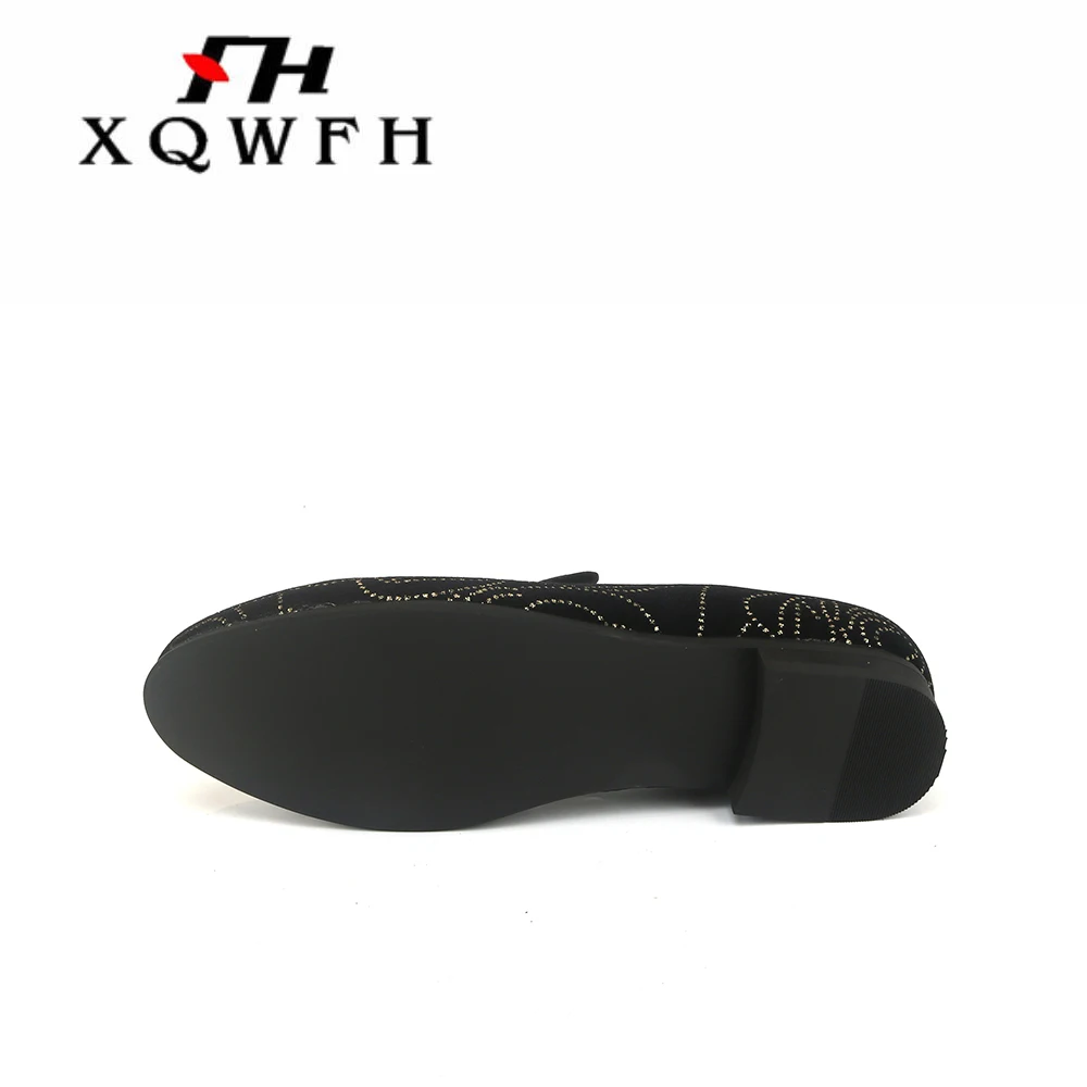 XQWFH Mens Black Embroider Loafers Luxury Rhinestone Moccasins Shoes Men Tassel Casual Slippers Slip On Flats Brand Dress Shoes