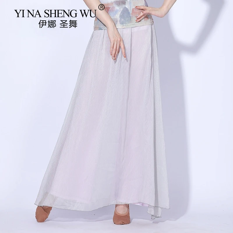 Women Summer New Wide Leg Elastic Long Pants Chinese Classical Folk Dance Practice Clothes Loose Trouser Show Double-layer Yarn