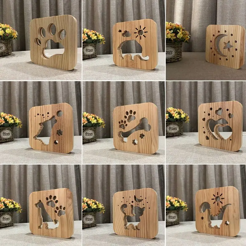 Firya gatto in legno zampa cane animale luce notturna luna stella 3D lampada a LED luci da scrivania alimentate tramite USB per bambini regalo di natale per bambini