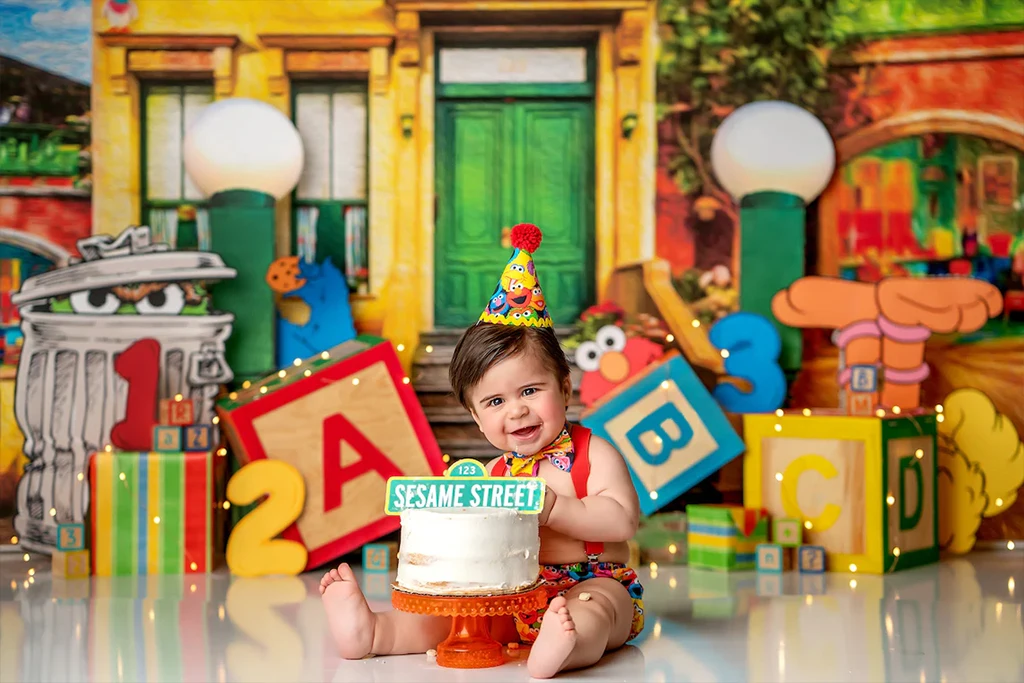 Cartoon Cake Smash Newborn Birthday Backdrop Child Portrait Photo  1st Boy or Girl Birthday Photography Poster Photo Stuio Props