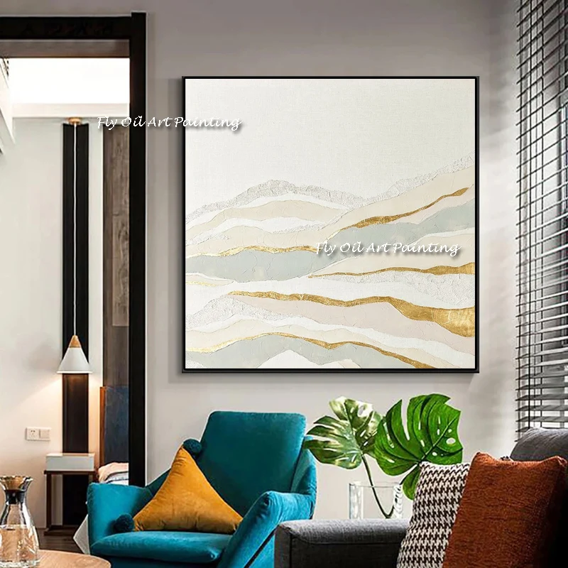 

The Hot Hand-painted Oil Painting Gold Mountain View New Pictures for Home Nature White Creative Decor Landscape Color Drawing