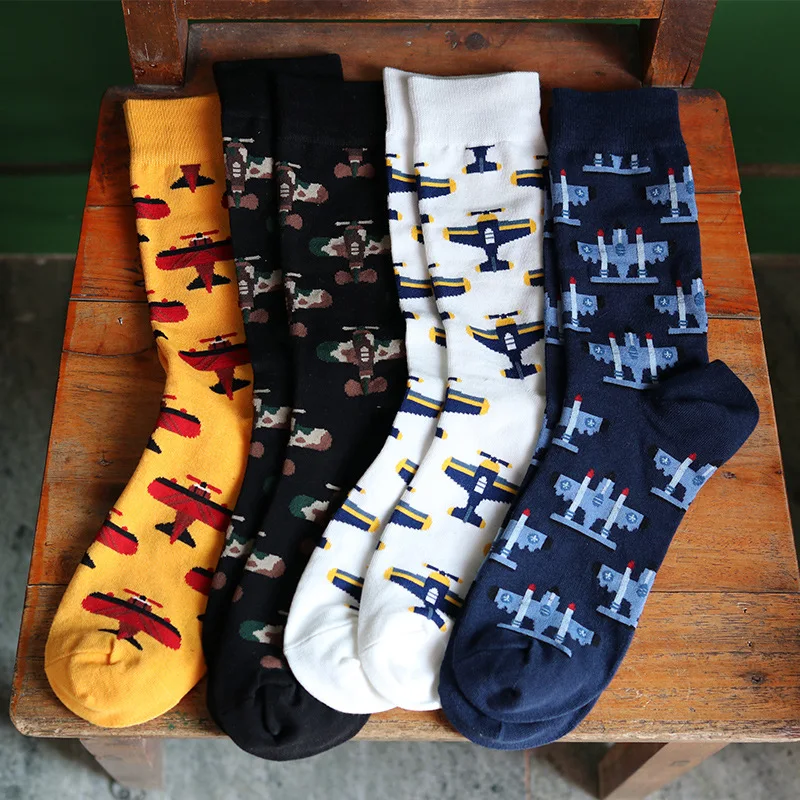 New cartoon small airplane foreign trade socks men\'s socks middle tube cotton socks tide socks net red socks