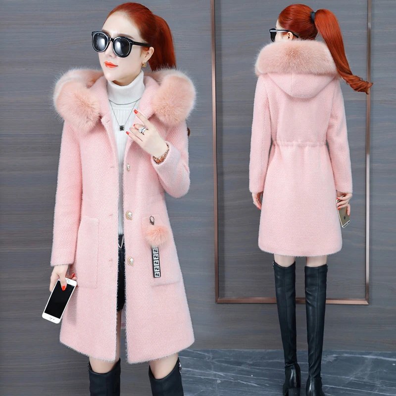 

Women's Woolen Jackets Female Mink fleece Jacket Winter Clothes New Mid-length Woolen Coat Keep warm Overcoat Coats A344