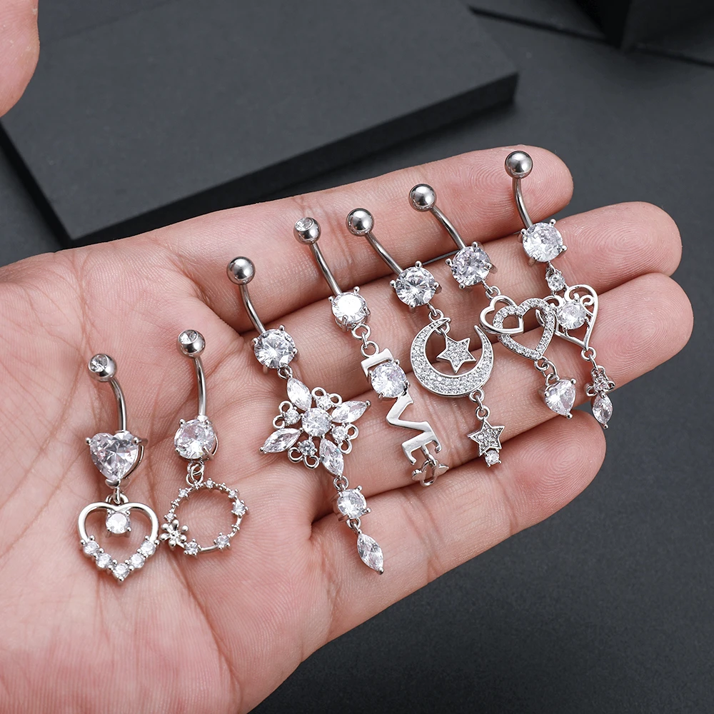 Sexy Dangling Navel Belly Button Ring for Women Girls 14G Heart Butterfly Crystal Belly Piercing Oreja Beach Belly Navel Rings