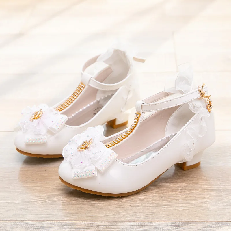 3 5 12 Year Fashion Crystal Bow High-Heel Shoe Child Girl White Wedding Princess Dress Shoes For Dance Kids Spring Party Leather