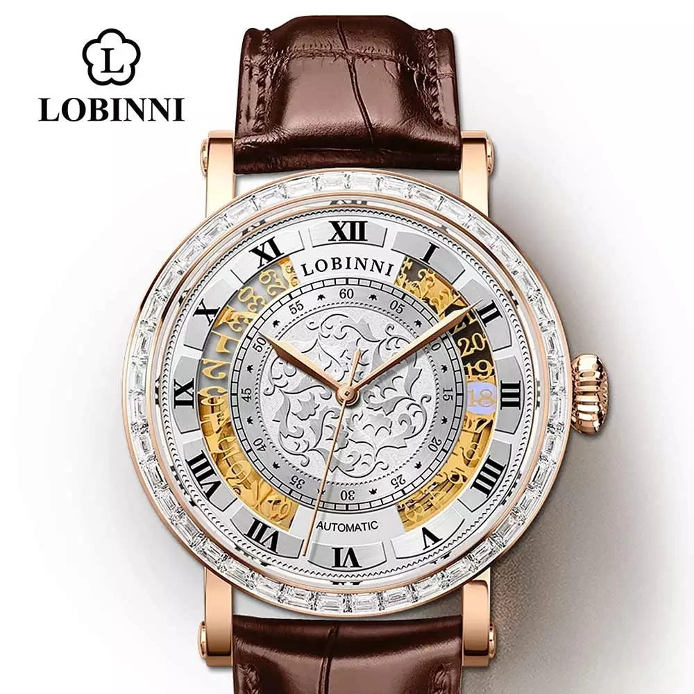 Reloj mecánico automático LOBINNI de marca de lujo para hombre, reloj de pulsera resistente al agua con calendario para hombre, reloj con correa de cuero, reloj Masculino