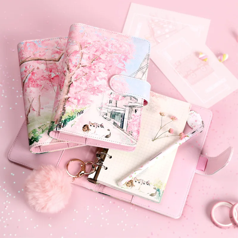 Cherry Blossoms Sakura 80 Sheets A6 Loose-leaf Notebook Journals Agenda Planner Gift Set Kawaii Note Book Stationery Diary Notep