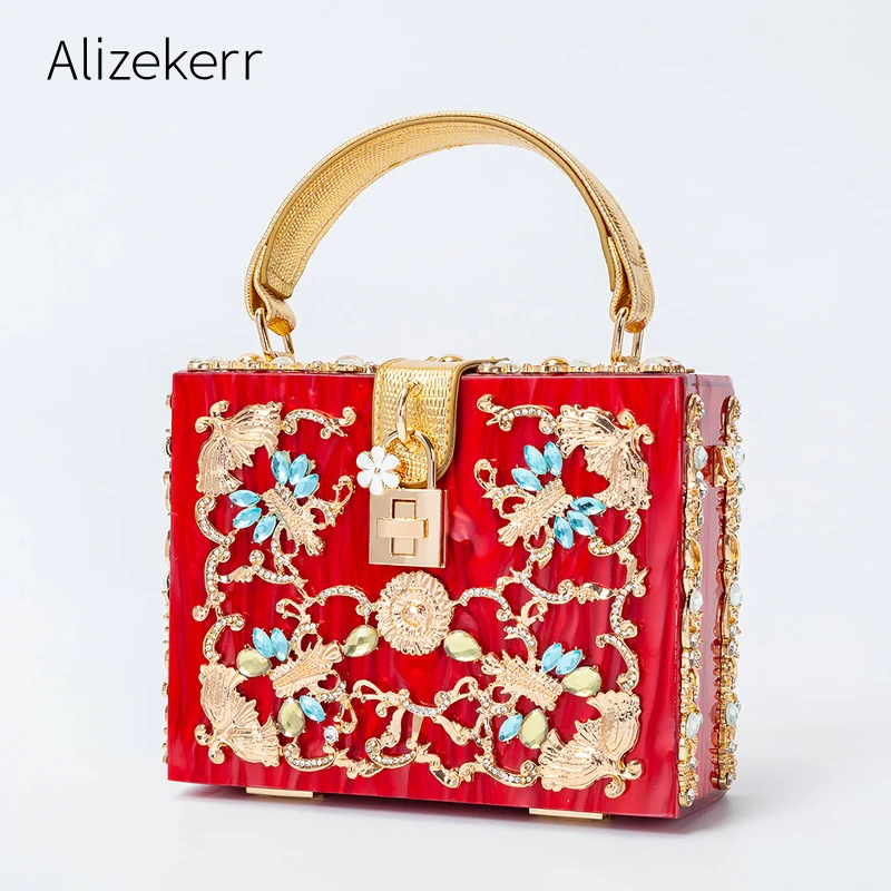 Women Crystal Acrylic Box Handbags Bridal Red Diamond Clutch Purses And Handbags Luxury Designer Crossbody For Wedding Party