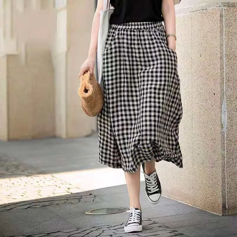 

2021 New Summer Arts Style Women Loose Casual Elastic Waist Mid-calf Skirt All-matched Plaid Cotton Linen A-line Skirts W308