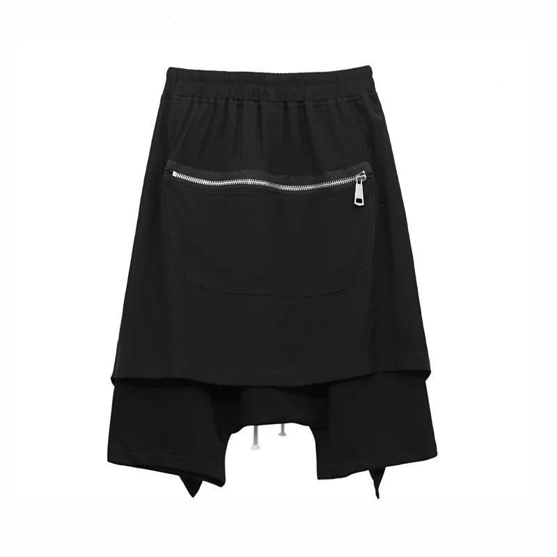 

Mens Summer Causal Hip Hop Harem Pants Elastic Waist Zipper Designer Drop Crotch Calf Length Pants Man Irregular Skirts Pants